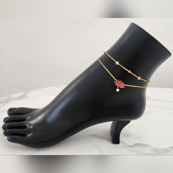 Pink Lotus Stainless Steel Double Circle Anklet With Crystal Accents - Picture 4 of 14